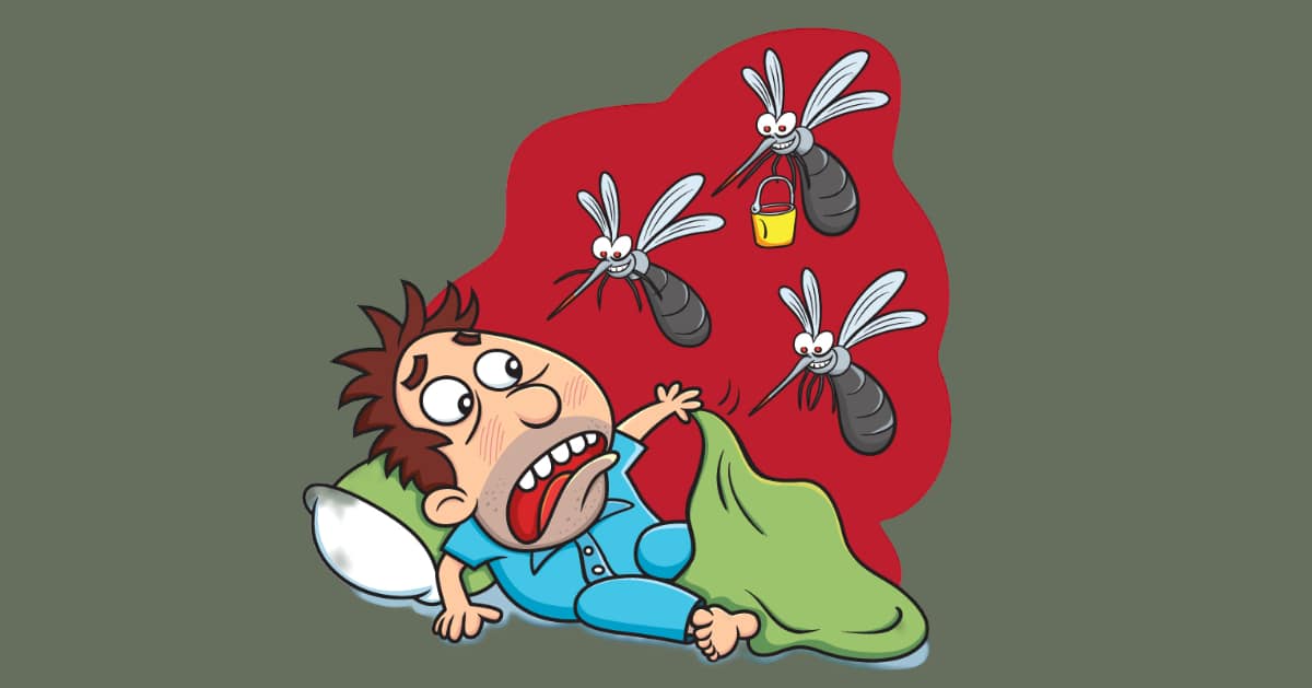 cartoon of man getting attacked by insects, concept of Pest & Insect Allergens: Allergy Symptoms, Treatment, Prevention
