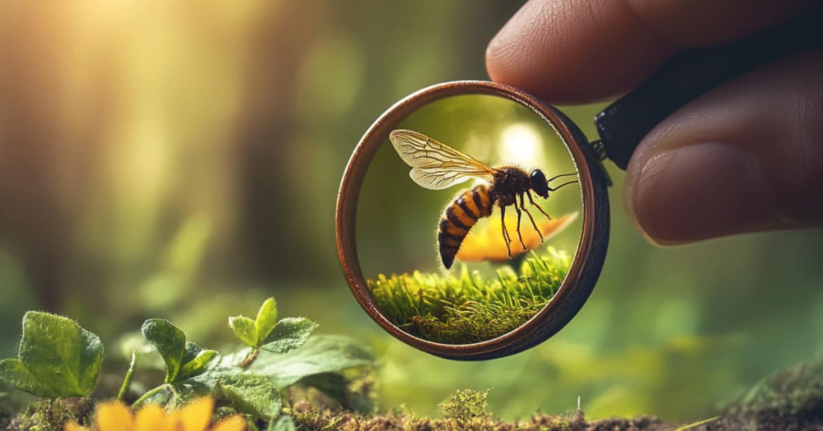 bee under magnifying glass, concept of environmentally friendly pest management