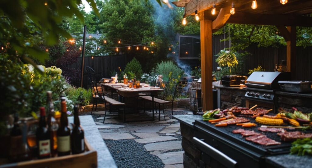 Set Up For Backyard Bbq, Grill With Food, Wine Bottles, Table Set , Chairs, String Lights, Concept Of No Bugs, Just Bbq: New Jersey Backyard Party Pest Control Tips