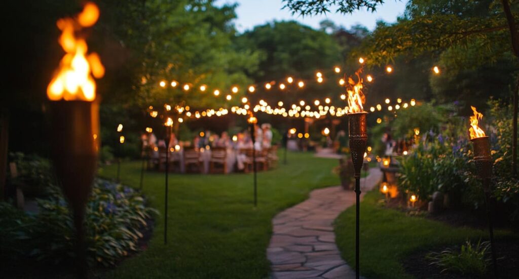 9 Tips: How To Keep Bugs Away For Your Backyard Bbq In Nj 1 Backyard Bbq With Tiki Torches And String Lights, Concept Of Keeping Bugs Away At Backyard Bbq In Nj
