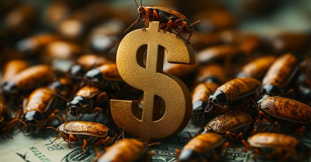 Roach Sitting On Dollar Sign With Many Roaches Surrounding It, Concept Of How Much Is Pest Removal Service In Nj?