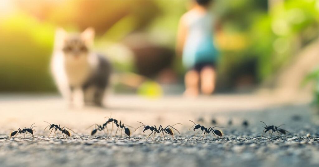 Stinging Asian Needle Ants On Ground With Cat And Child Blurred In The Background