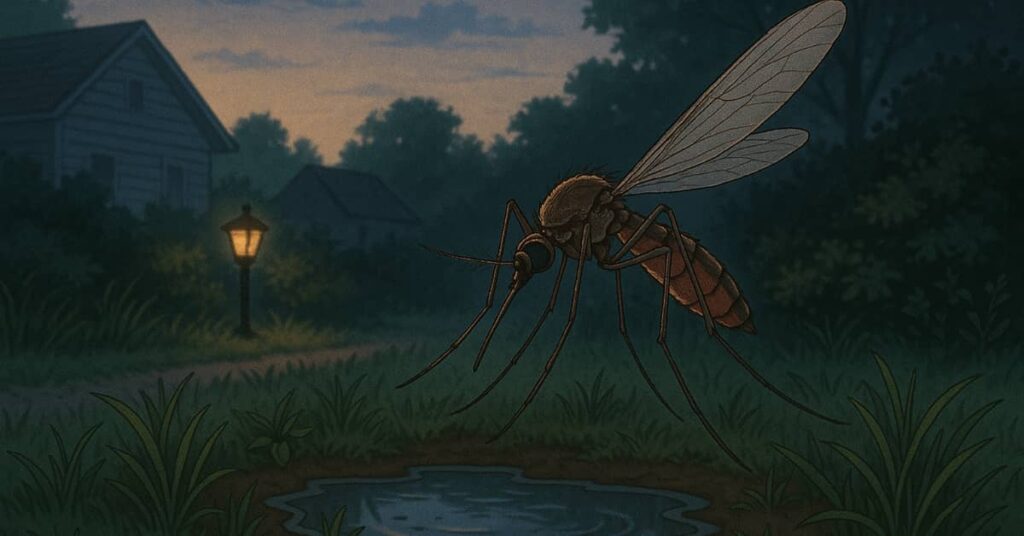 Mosquitoe Over Standing Water In The Dark, Concept Of What Attracts Mosquitoes To Yards And Properties
