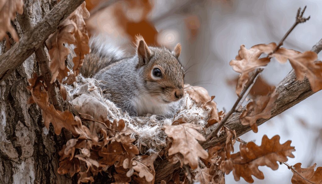 Gray Squirrel In Nest, Drey, With Leaves, Twigs, And Insullation, Concept Of Needing Gray Squirrel Removal In Nj