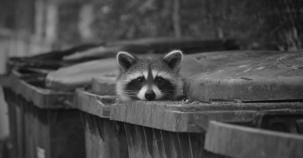 Dirty Trash Cans With Raccoons Head Popping Out, Representing Need For Trash Bin Cleaning
