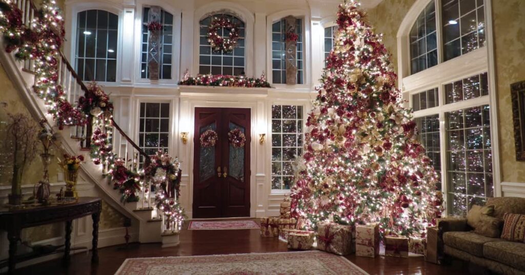 Large Christmas Tree, Door, Windows, Trim On Railings, Concept Of Christmas Bugs To Watch Out For