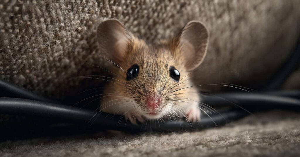 Mouse Peeking Out On Wire, Concept Of Year-Round Pest Problems And Rodents Indoors In The Winter In Nj