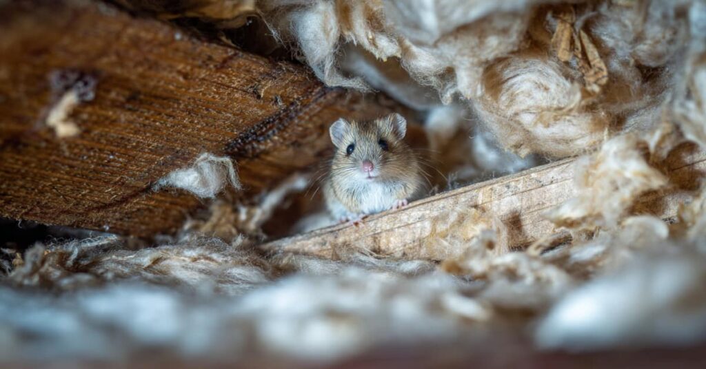 Why Pests Return Every Season In Nj: The Year-Round Infestation Cycle 4 Mouse In Insulation By Wood Plank, Concept Of Year-Round Pest Problems And Mice In The Winter In Nj