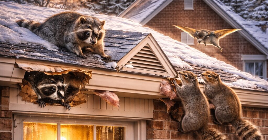Squirrels And Raccoons On A Roofline With Snow, Concept Of Wintertime Pest Prevention 
