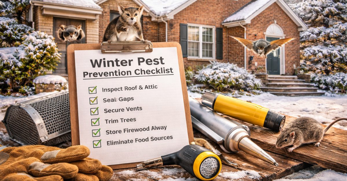 house with pests in the snow, and wintertime pest prevention checklist