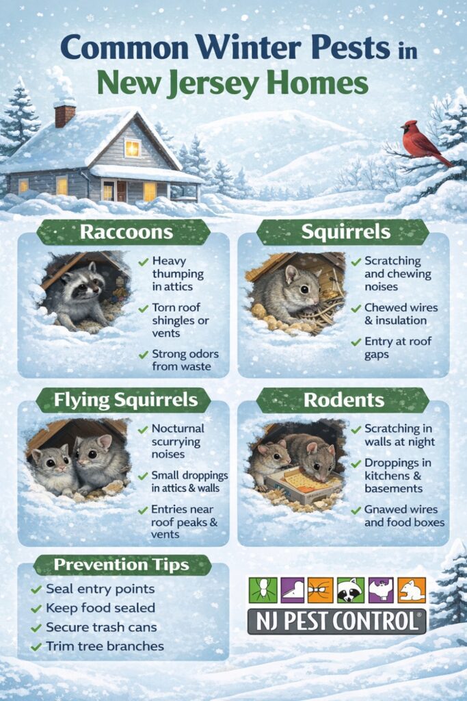 A Homeowner’s Guide To Winter Pests In Nj 1 Infographic Common Winter Pests In New Jersey Homes, Raccoons, Squirrels, Flying Squirrels, Rodents, Prevention Tips, Nj Pest Control