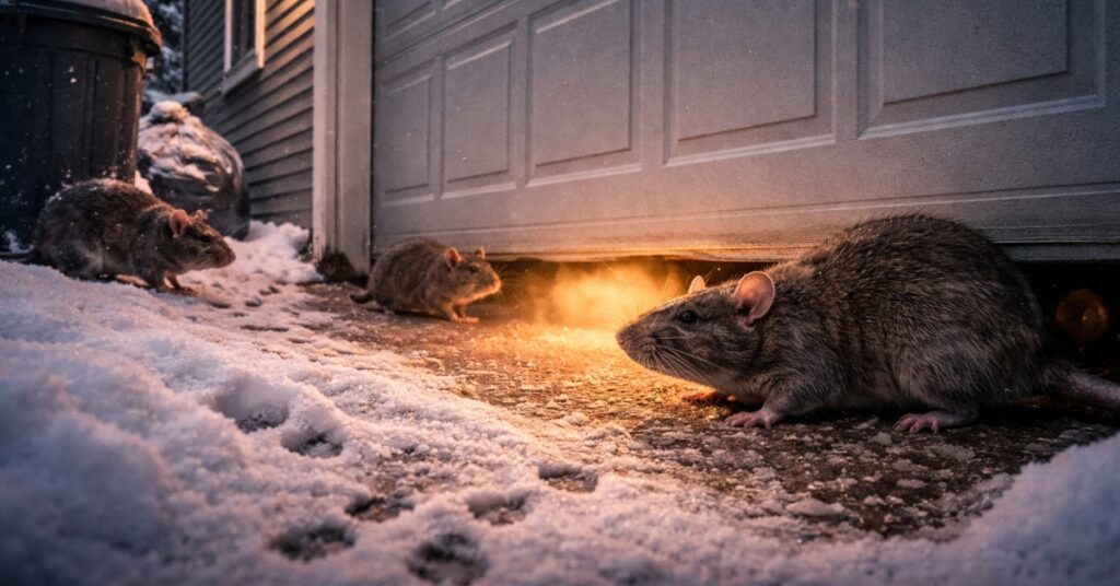 Rats Entering Under Garage Door From The Outside Snow, Representing Why Rats Target Warm Homes