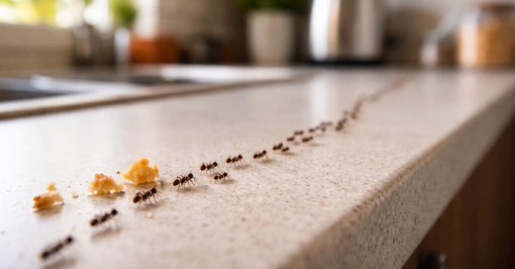 Ants In House Nj, Marching Towards Crumbs On Countertop
