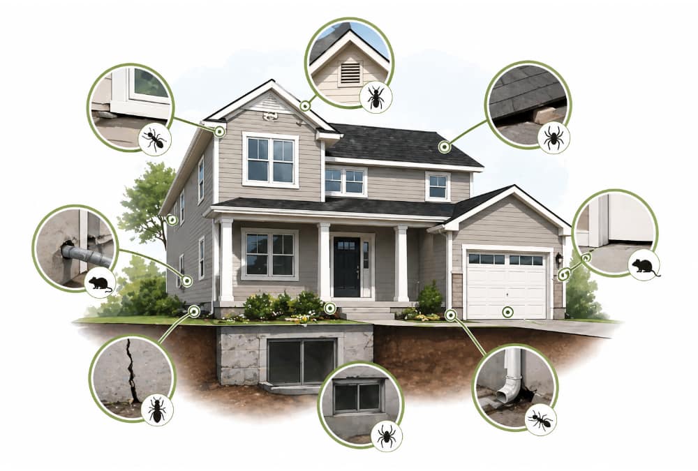 Common Entry Points For Pests In Nj Homes: How To Seal Them 1 Diagram Showing Common Pest Entry Points In A New Jersey Home Including Foundation Cracks, Vents, And Utility Gaps