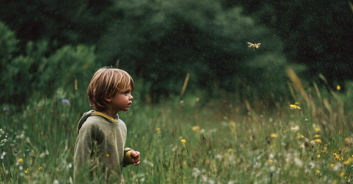 boy in high grass, mosquito flying, needing mosquito prevention in nj
