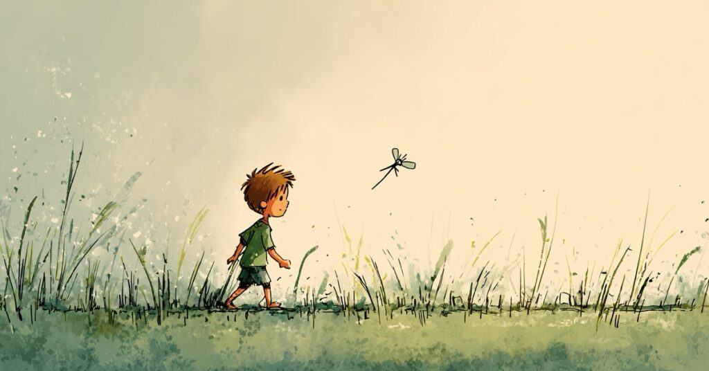 Cartoon Of Little Boy In Tall Grass With Mosquito In The Air, Need Mosquito Prevention